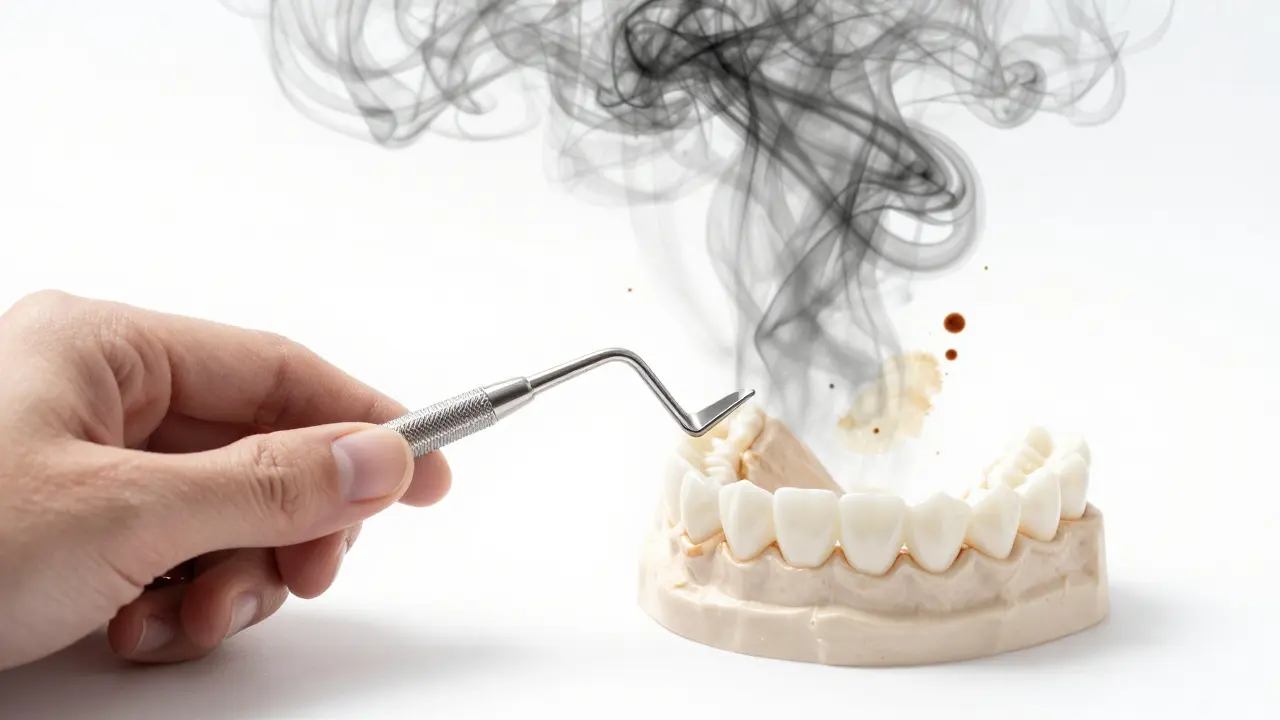 Zubní nástroj vedle čistých zubů, tmavé skvrny se mění v kouř a skvrny po čaji.