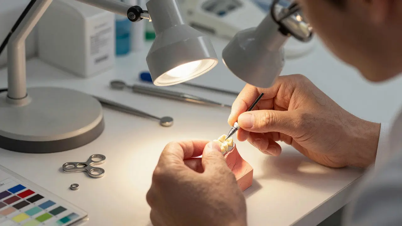 Zubní technik připevňuje keramickou fazetu na model zubu v laboratoři, viditelná průhlednost materiálu a detaily nástrojů.