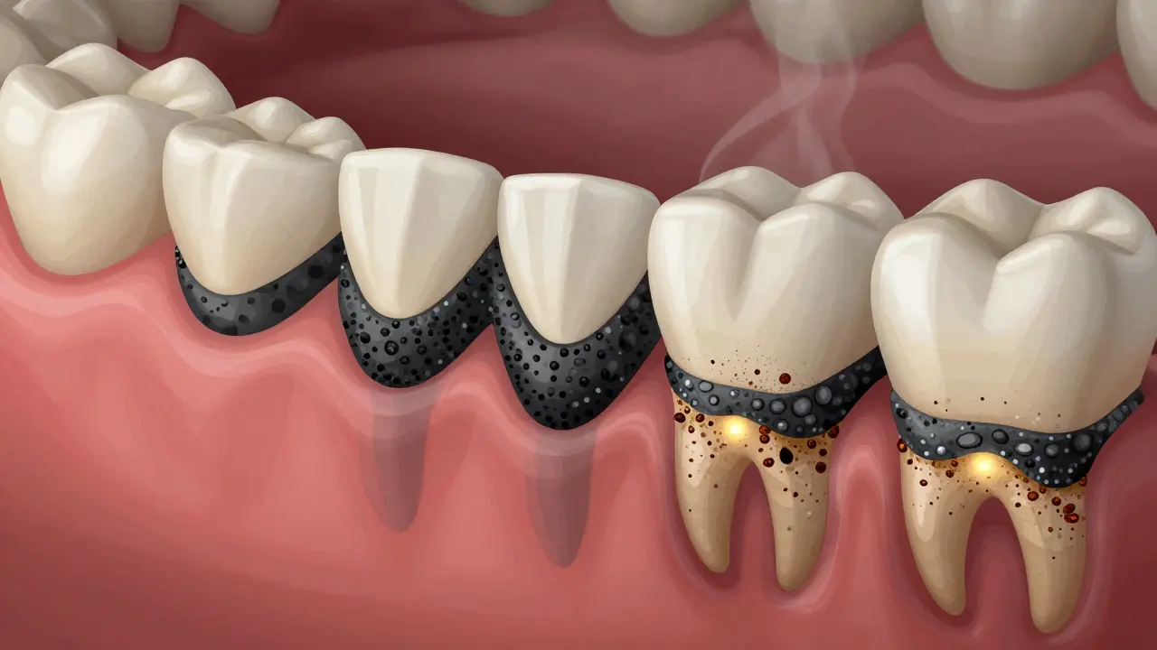 Zvětšený pohled na zub s černým zubním kamenem a zánětem dásní, viditelné nečistoty z kouře a tanninů.