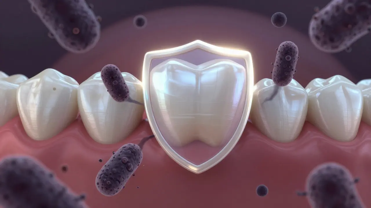 A ceramic veneer protecting a tooth from bacterial acid attack, symbolizing dental restoration.