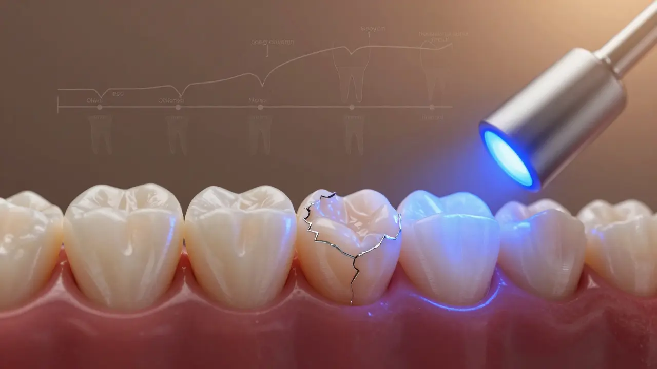 A damaged tooth being restored layer by layer with composite material under a curing light.
