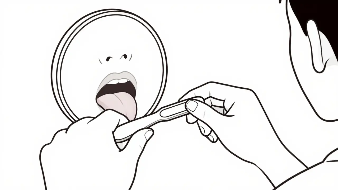 Čištění jazyka jazykovým škrabákem pro lepší ústní hygienu.