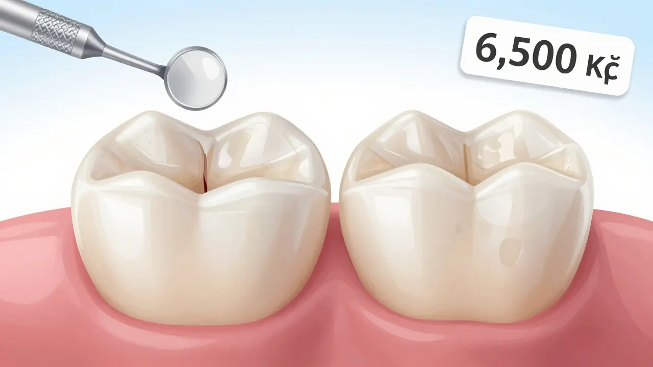 Comparison of a discolored filling versus a natural-looking composite inlay on front teeth.
