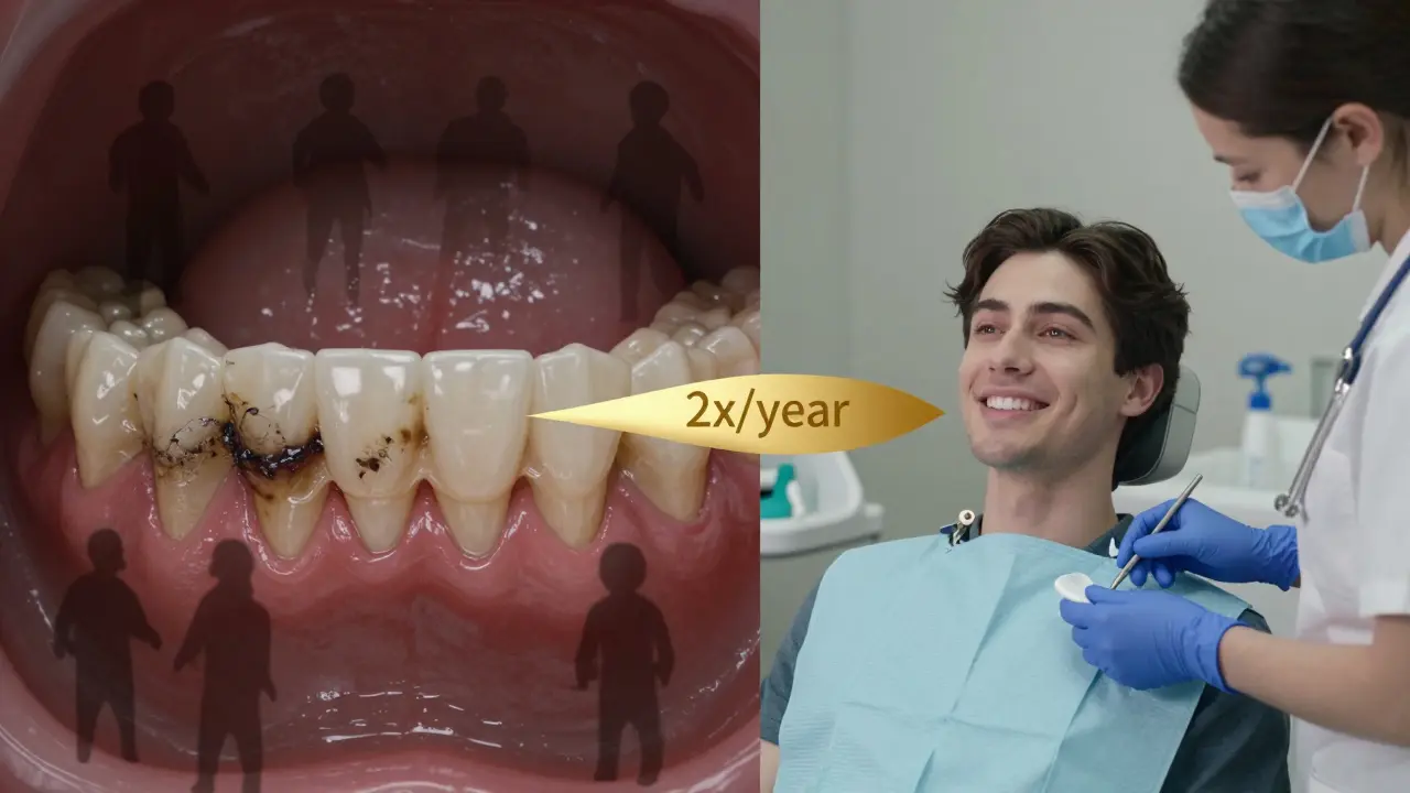 Contrasting before and after of dental neglect versus professional hygiene care.