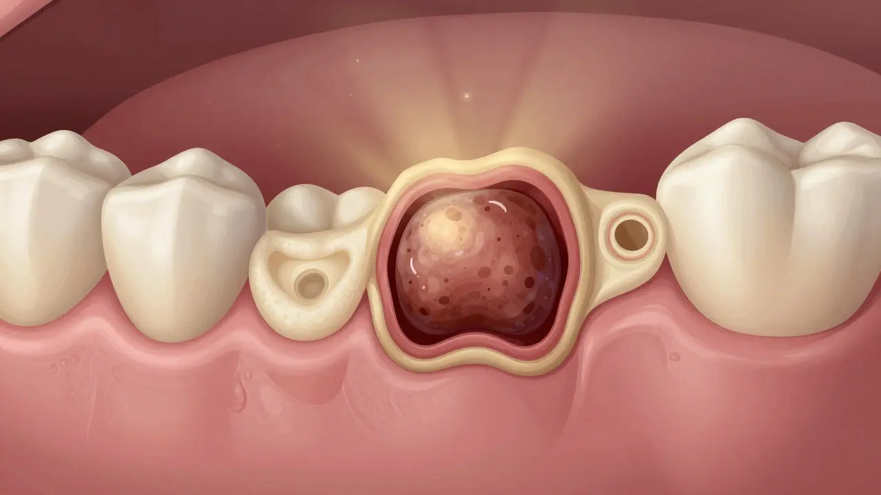 Cross-section of healing tooth socket with blood clot and collagen membrane.