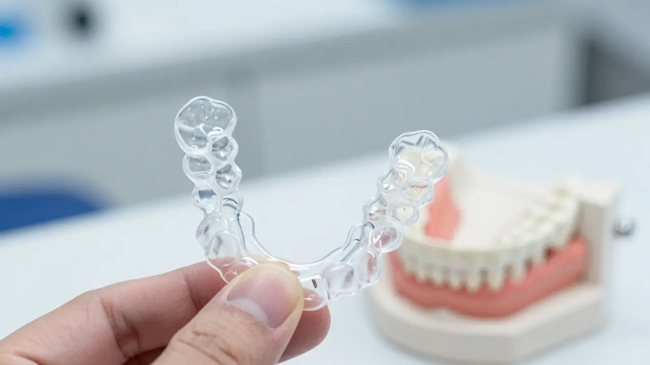 Detail průhledného rovnátka na stojanu s 3D modelem zubů.