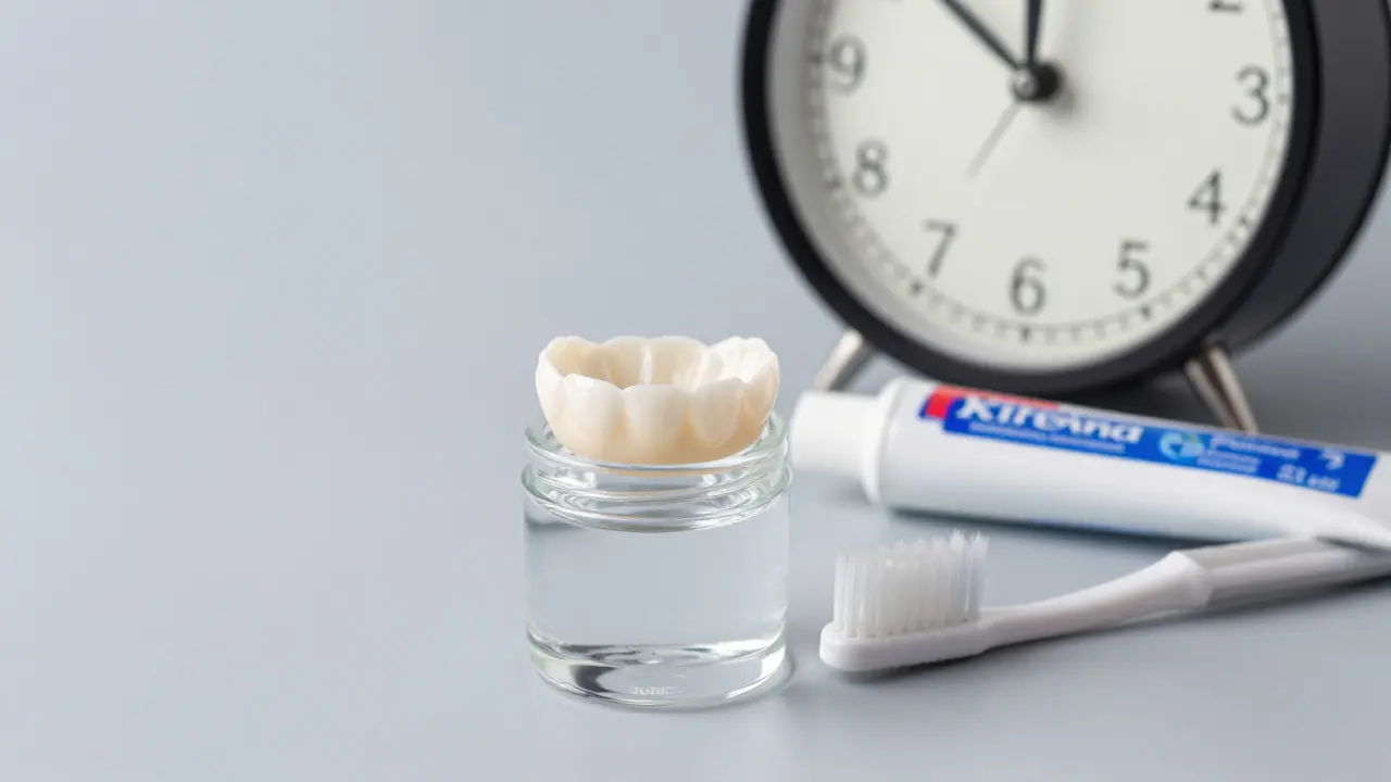 Fazeta uložená ve vodě vedle zubní kartáčky a pasty, symbolizující péči.