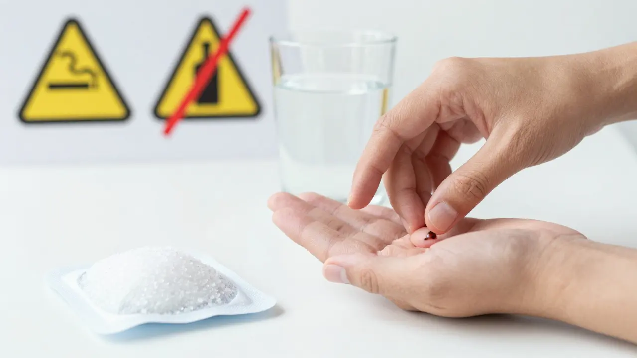 Hand avoiding extraction site while proper aftercare items are shown nearby.