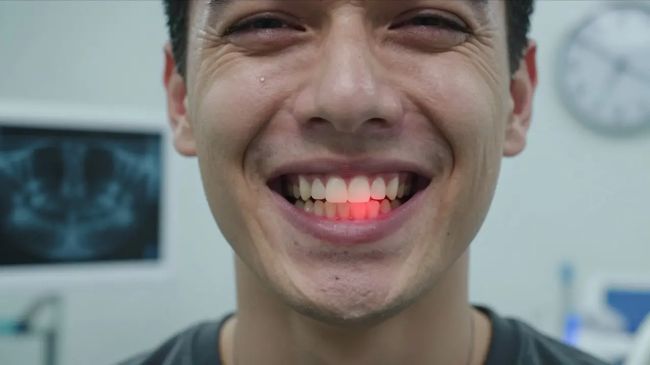 Jeden přední zub září červeně jako varování, zatímco ostatní zuby v úsměvu jsou beze známek bolesti.