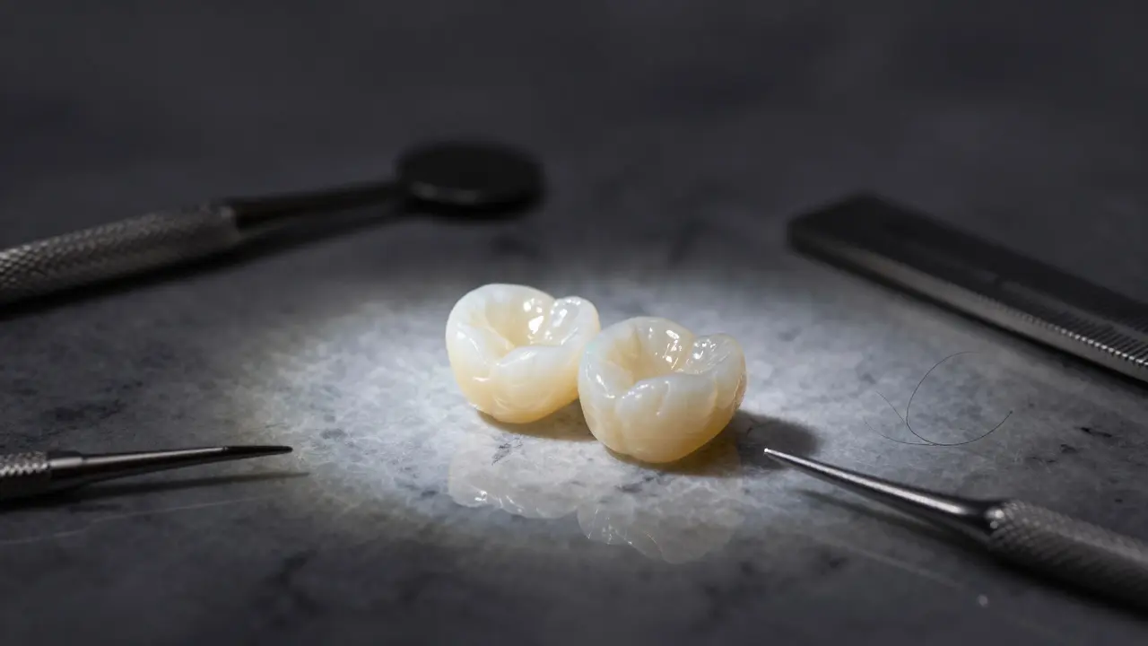 Keramické fazety na mramoru s dentálními nástroji v pozadí.