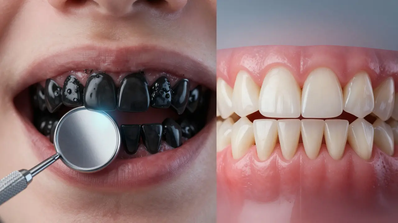 Klonění zubů s černým zubním kamenem vedle stejných zubů po profesionálním čištění.