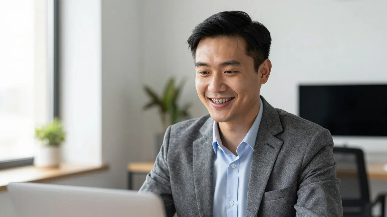 Muž mluví v práci s důvěřivým úsměvem, bez viditelných ortodontických zařízení.