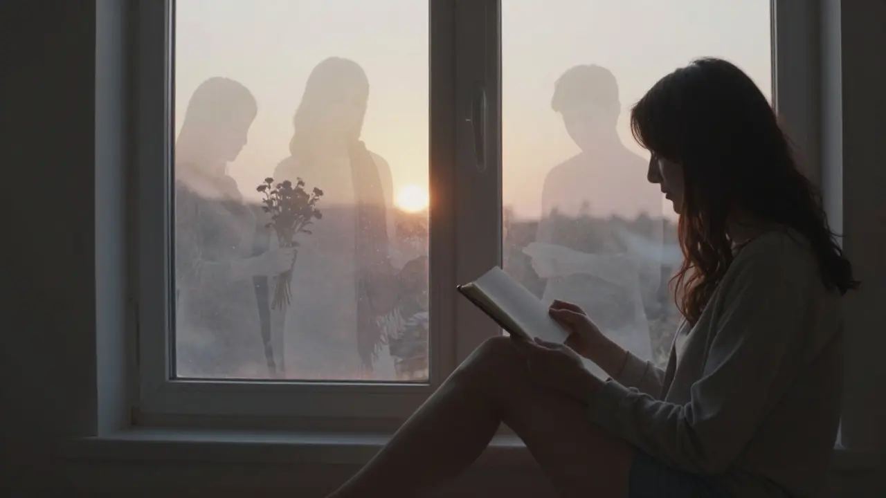 Osoba sedí u okna, zatímco průhledné postavy ze snů mizí ve světle rána.
