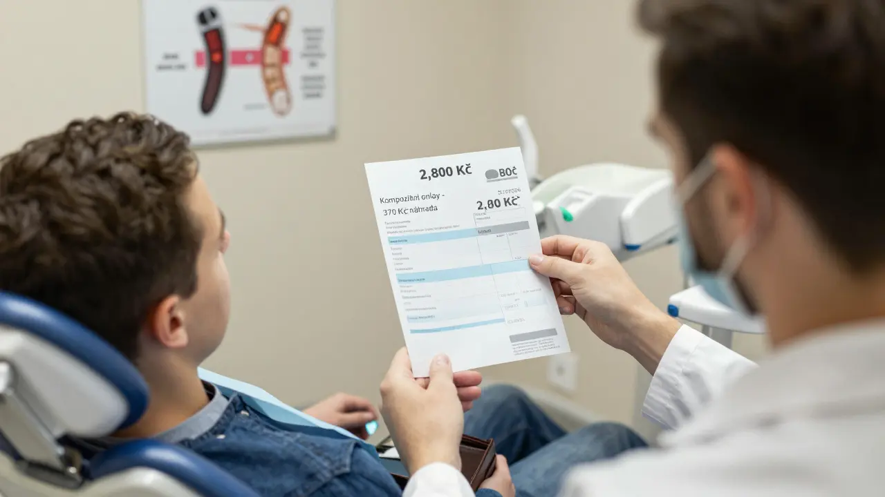 Pacient v zubní ordinaci s fakturou, kde je uvedeno 370 Kč náhrada za kompozitní onlay.