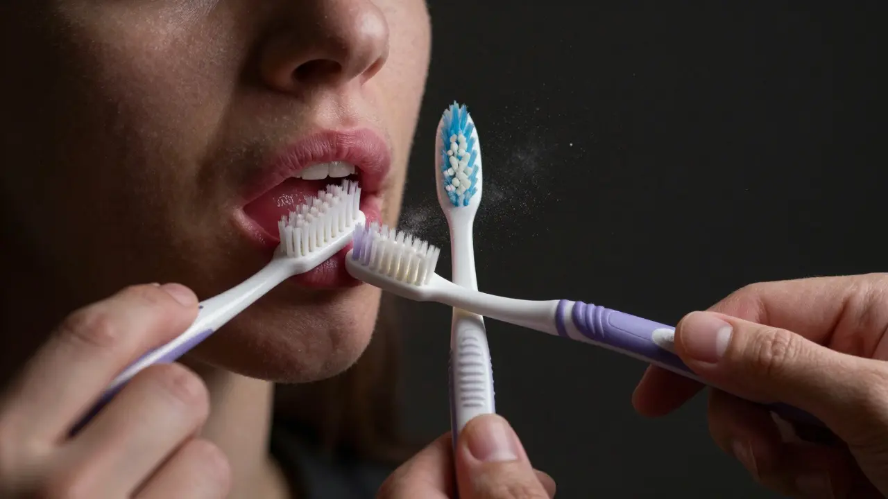 Porovnání běžného a Curaprox kartáčku: tvrdé štětiny poškozují dásně, jemné čistí bez újmy