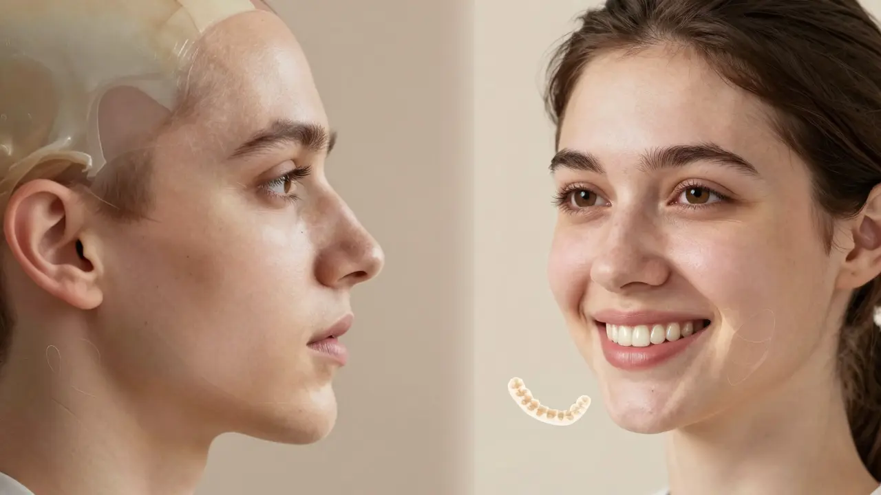 Porovnání tváře s a bez zachování kosti čelisti, s a bez nasazovacích zubů.