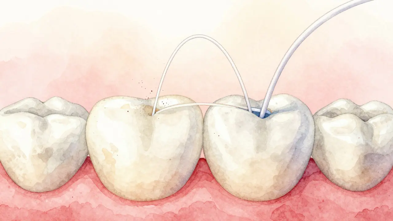 Použití zubní niti mezi zuby, odstraňující plak v mezizubních prostorech.