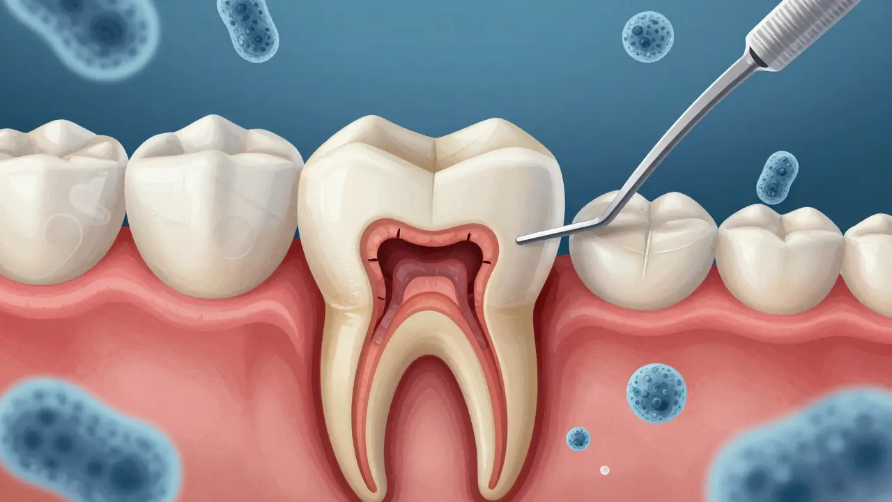 Příčný řez předního zubu s vystaveným nervem a bakteriemi šířícími se do kořene.