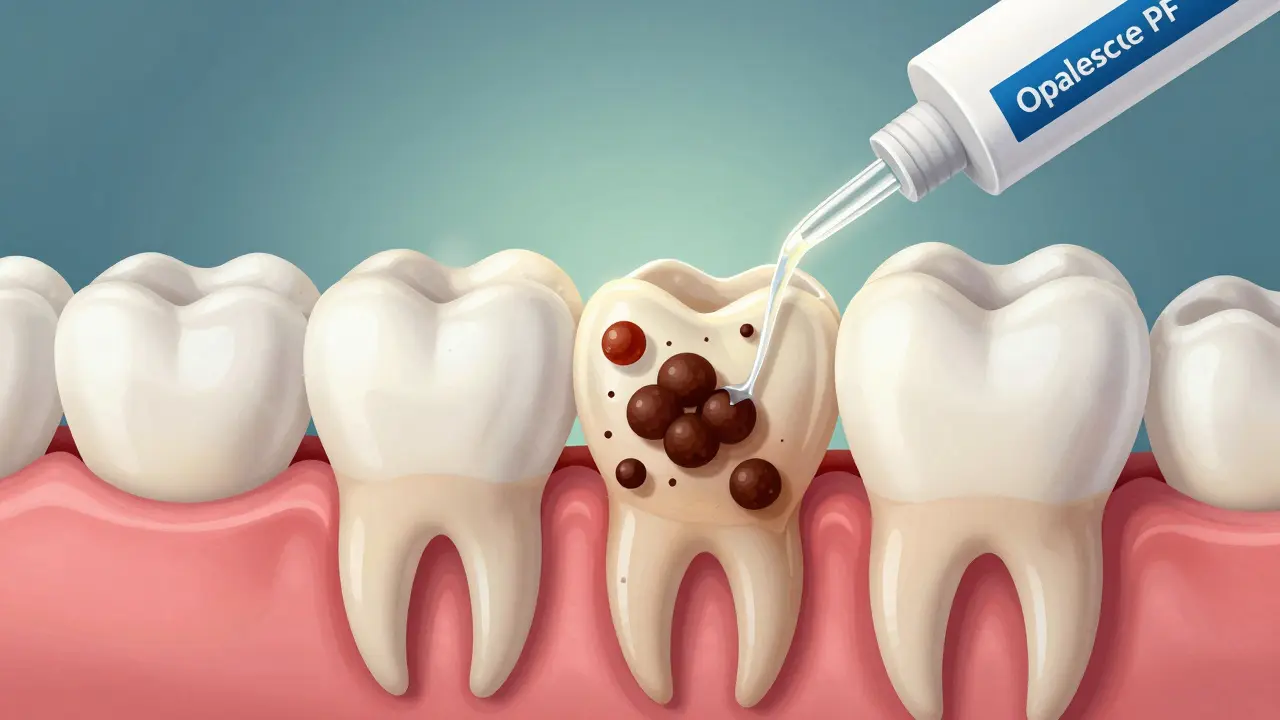 Příčný řez zubem s pronikáním gelu do skloviny a rozkladem skvrn.