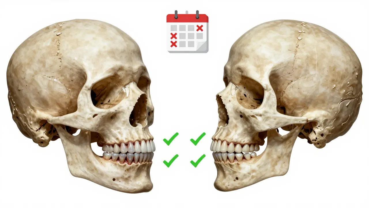 Průhledný lebka ukazuje skrytou kariés a ztrátu kosti oproti zdravé struktuře zubů.