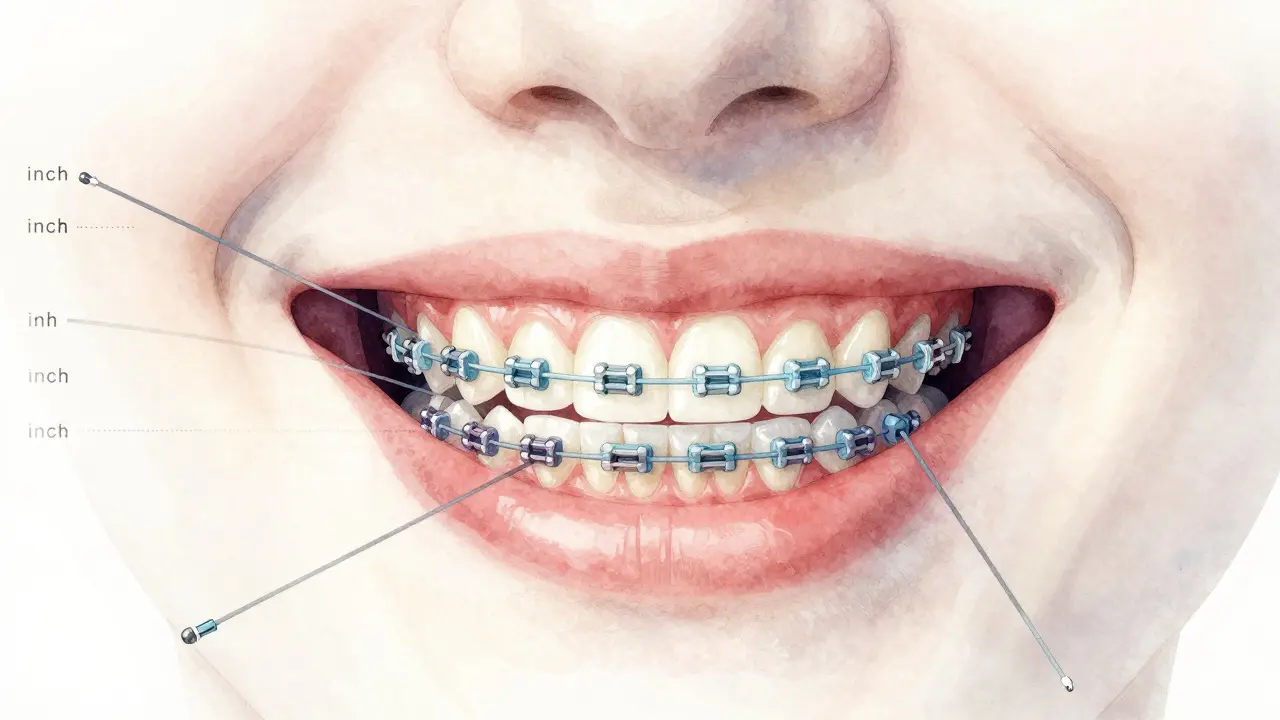 Průhledný úsměv s gumičkami působícími na zuby, ukazující postupné zarovnávání