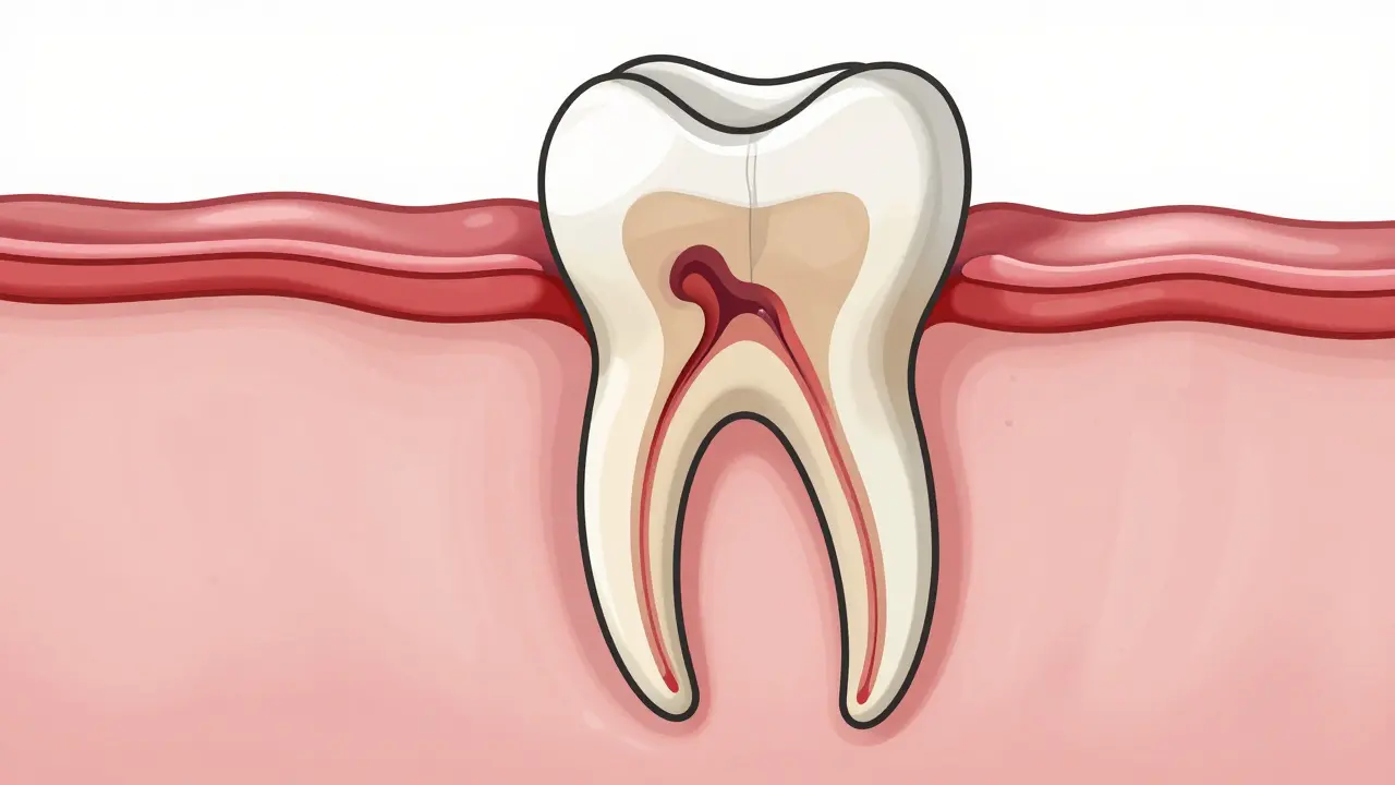 Průřez zubem ukazující infekci zubního kazu a zánět v kořeni a dásni.
