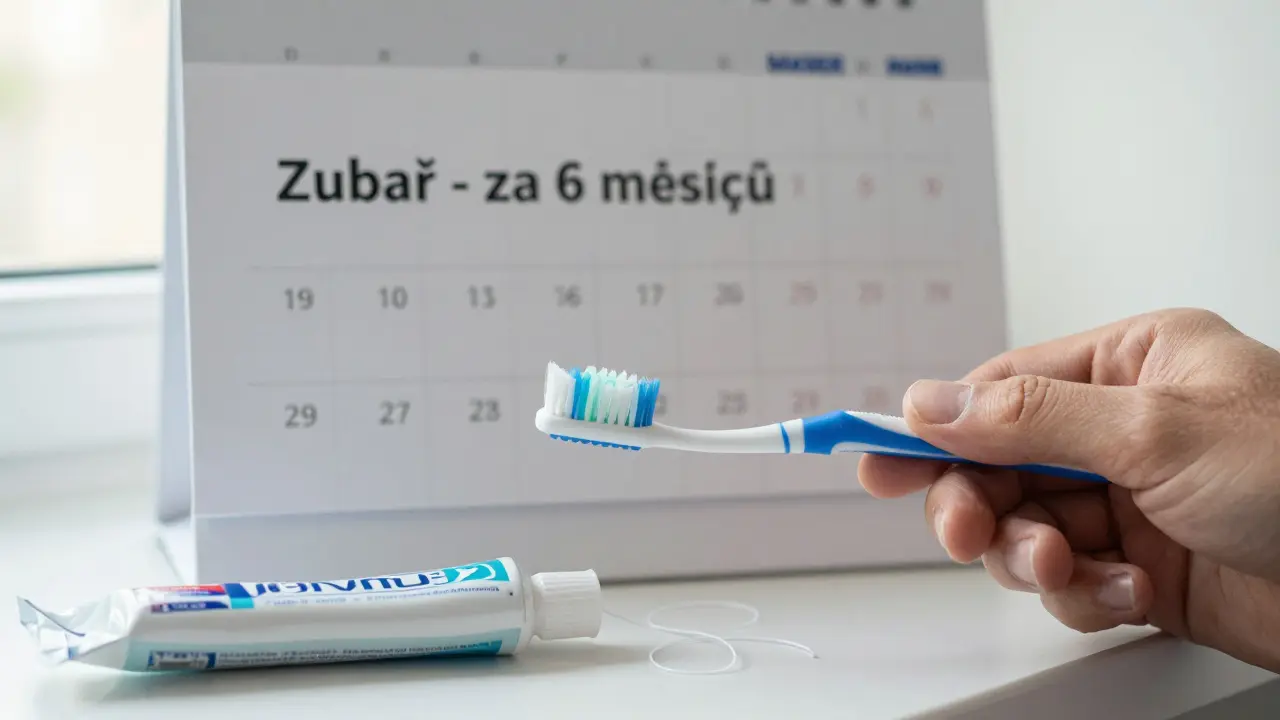 Ruka drží zubní kartáček vedle kalendáře s označenými termíny návštěv zubaře.
