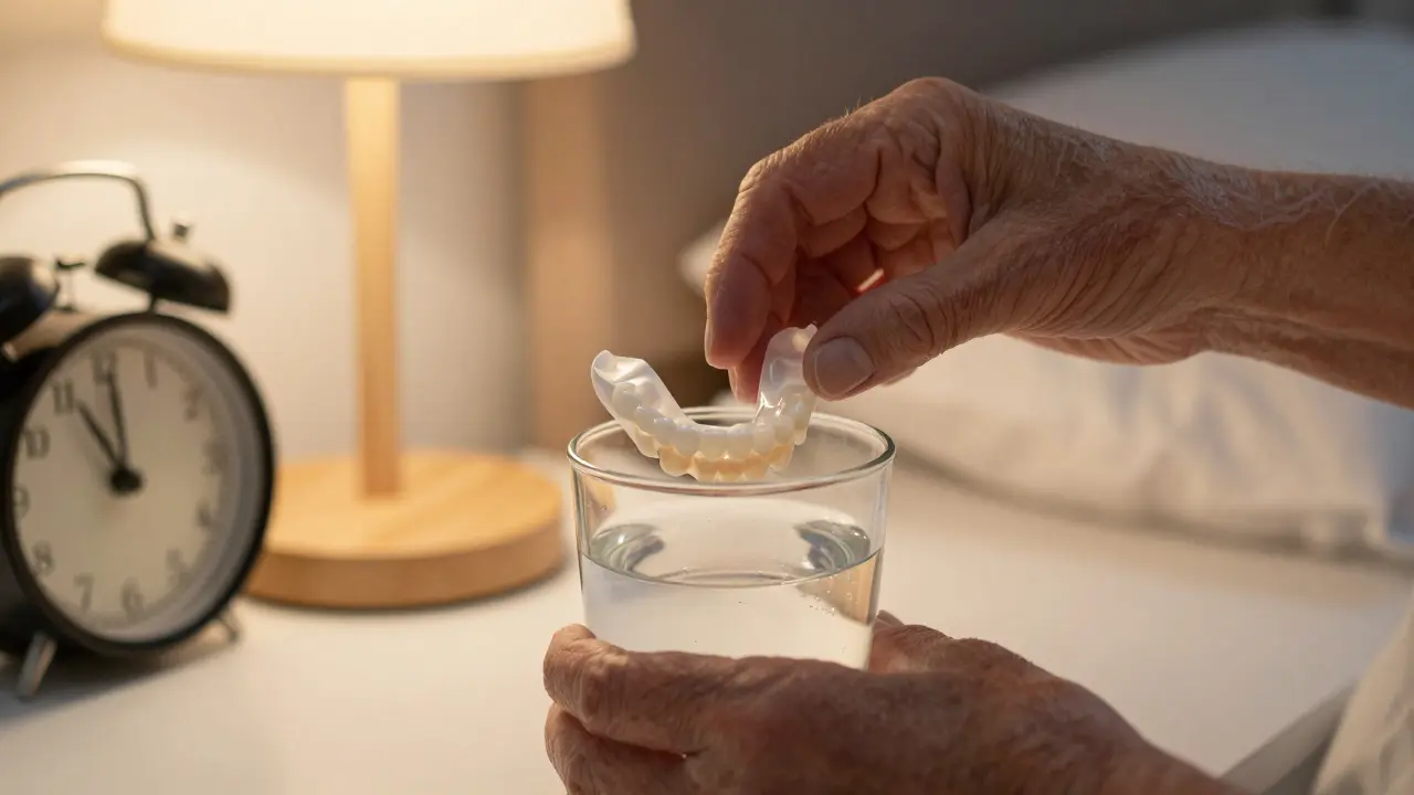 Ruka vyjmává nasazovací zuby do roztoku před spaním, v pozadí noční lampa.