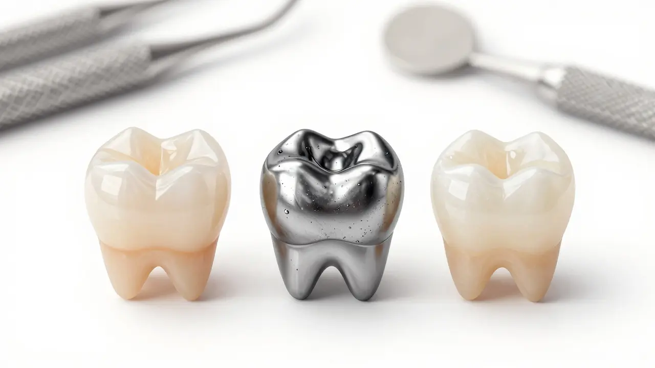 Side-by-side comparison of dental filling materials: composite, amalgam, and glass ionomer.