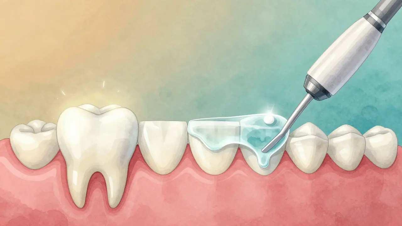 Symbolic illustration of healthy teeth with fluoride protection and ultrasonic cleaning.