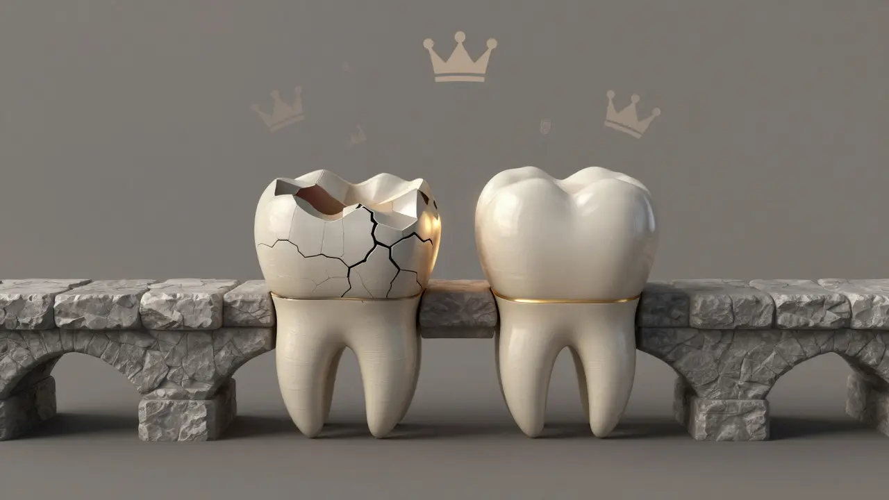 Symbolický obraz zubu jako mostu: jedna strana se řízne, druhá je pevně spojena kompozitní onlay.