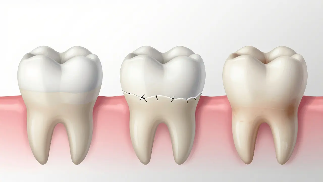Three panels showing a composite filling at different stages: new, worn, and damaged over time.