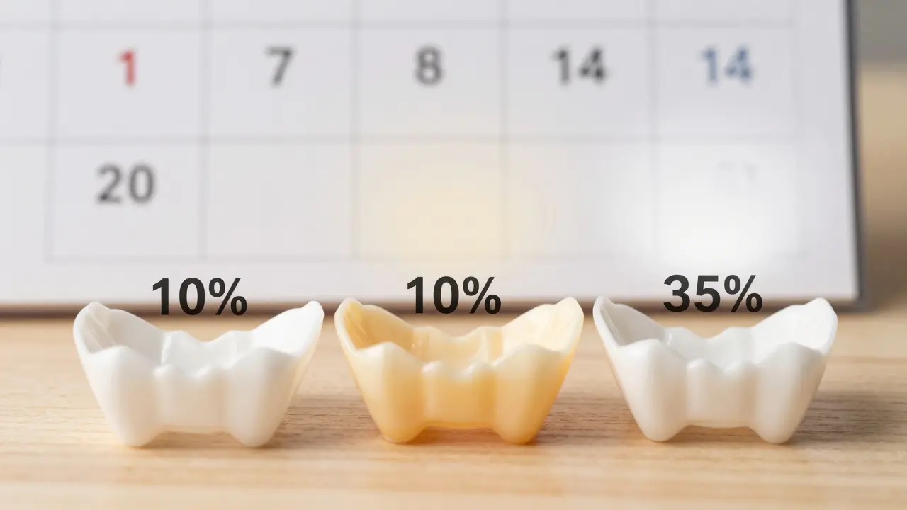 Tři bělicí formy s různými koncentracemi gelu a kalendář ukazující postup bělení.