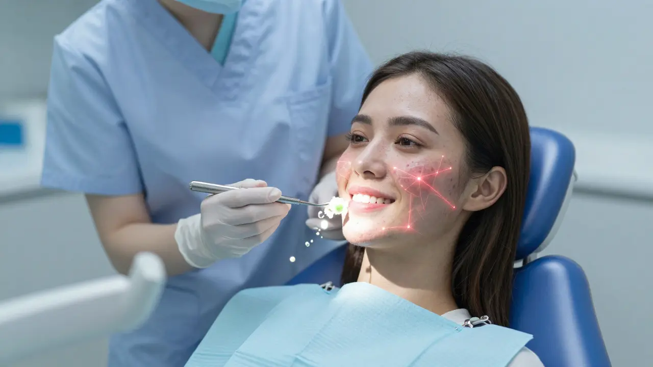 Žena při profesionálním čištění zubů, kde zánět z úst ovlivňuje kůži.