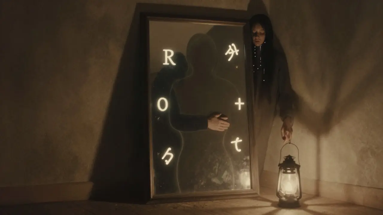 Zrcadlo odrazuje prázdný prostor, kde by měl být milovaný, kolem něj plavou symboly lásky.