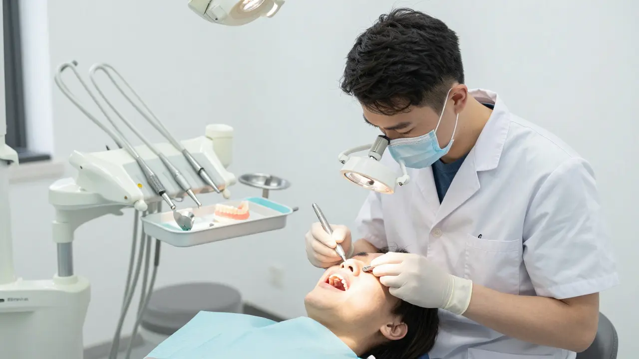 Zubní lékař pečlivě prohledává ústní dutinu pacienta.