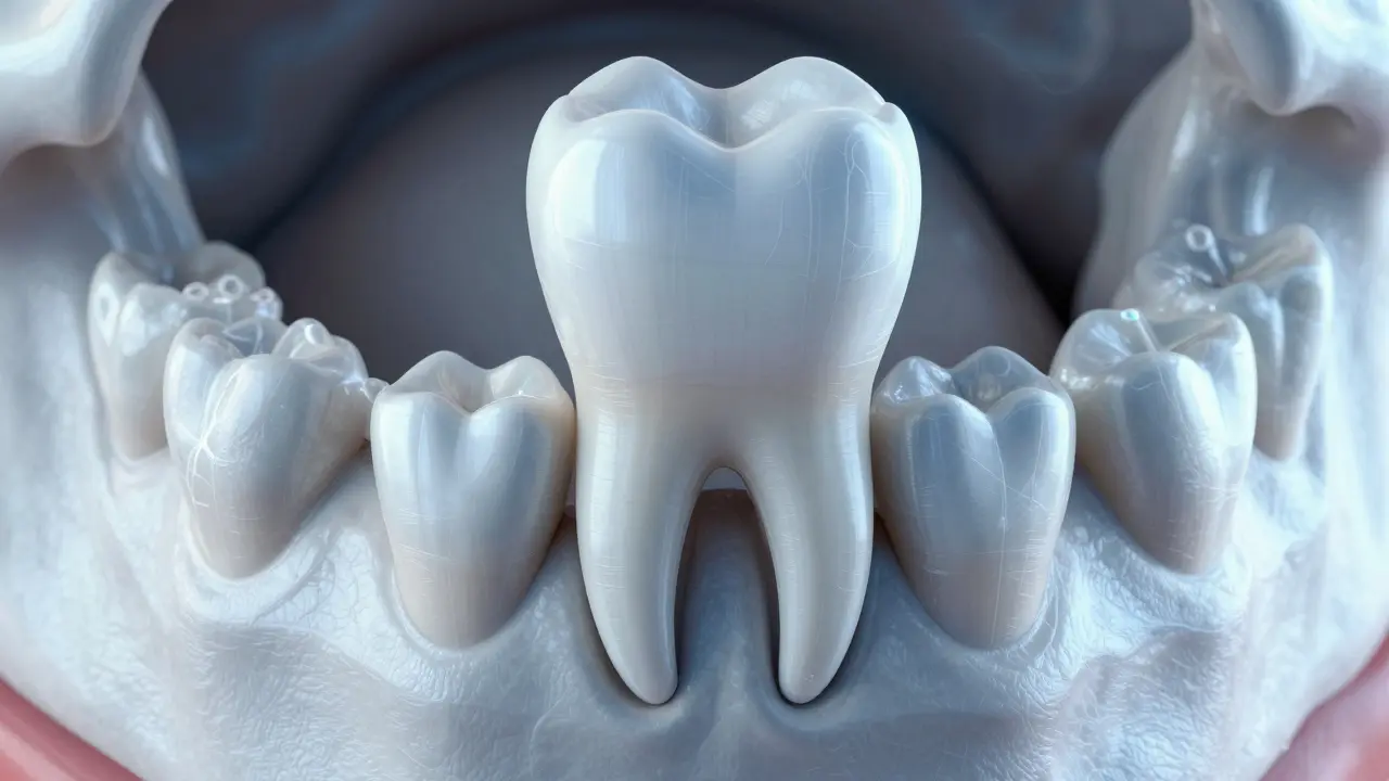Anatomická ilustrace zubu ukotveného v kosti čelisti.