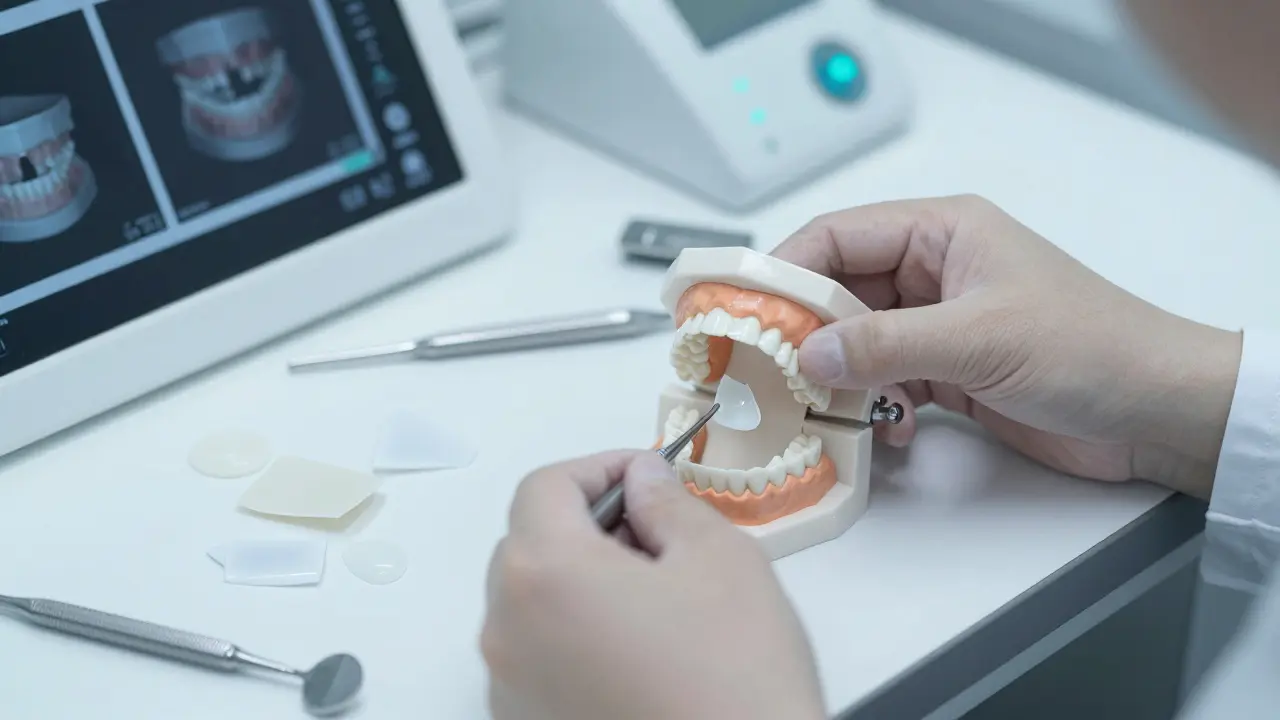 Dental technik připravuje keramickou fazetu na modelu zubů v laboratoři s přesnými nástroji.