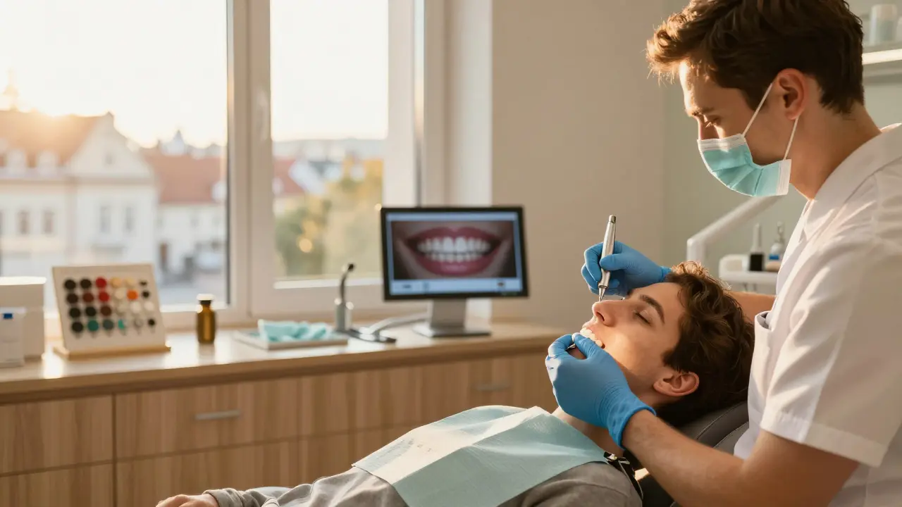 Dentist placing a ceramic veneer in a sunlit Prague clinic with digital screens visible.