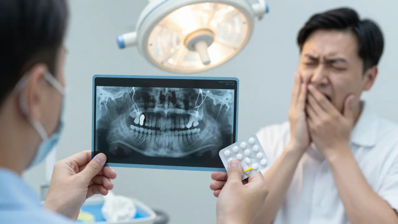 Dentista ukazuje rentgenový snímek osmiček s přehledem léčby a léků.