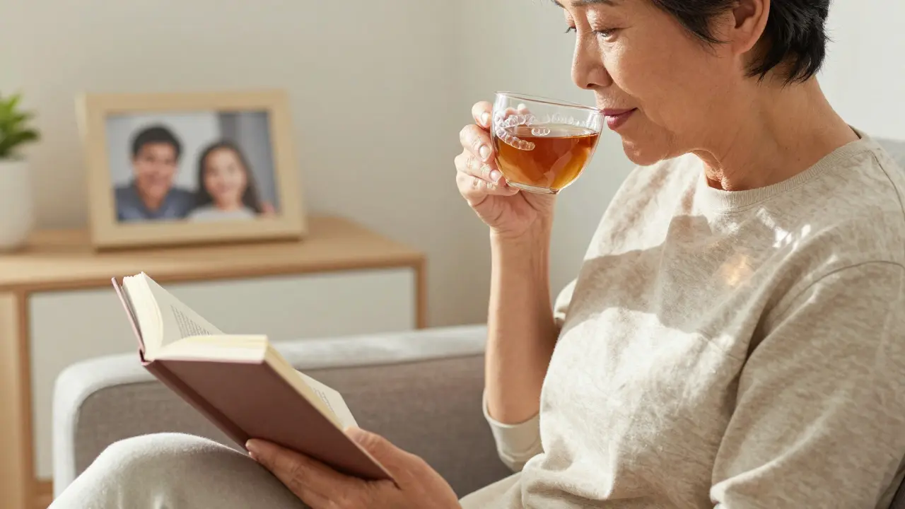 Dospělý muž v 50. letech s průhlednými alignery v klidném domácím prostředí.