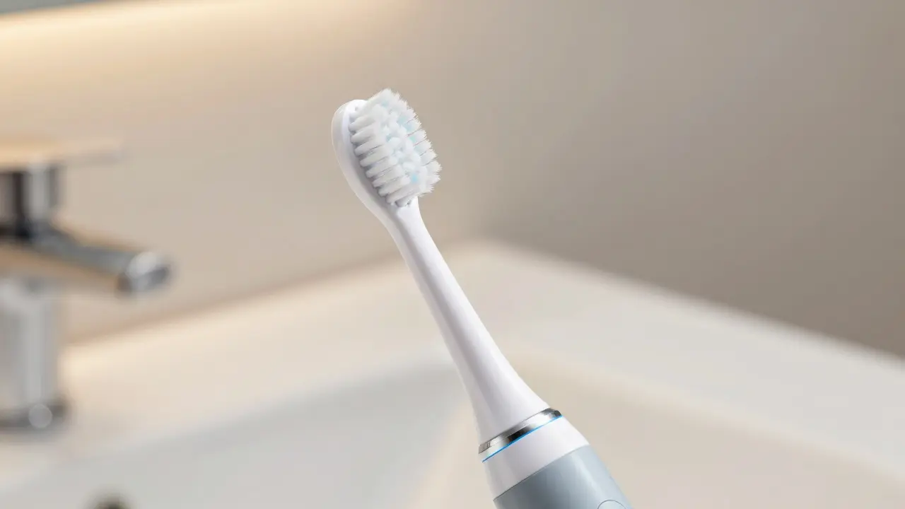 Elektrický kartáček pod správným úhlem u dásně pro jemné čištění chrupu.