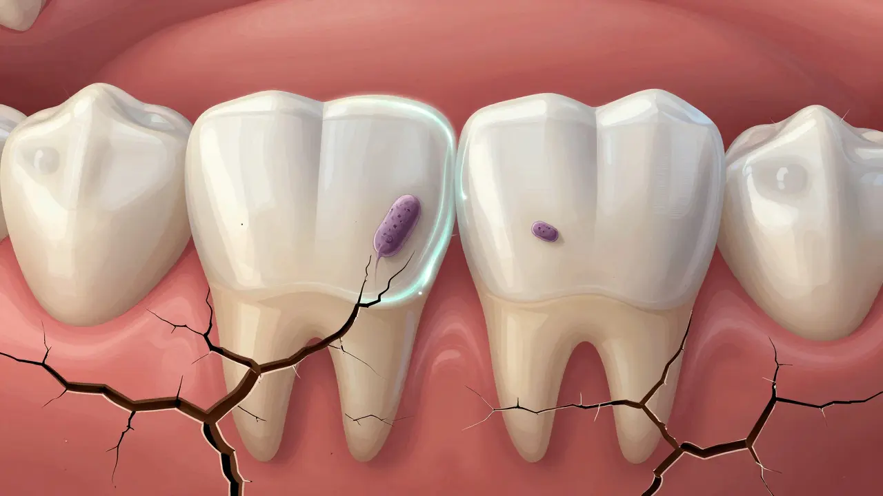 Kazící se emal mezi zuby s mikrobiálními kyselinami a ochrannou vrstvou fluoridu
