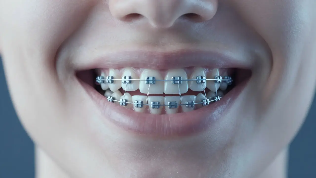 Konceptuální zobrazení síly přenášené gumičkami na zuby při ortodontické léčbě.