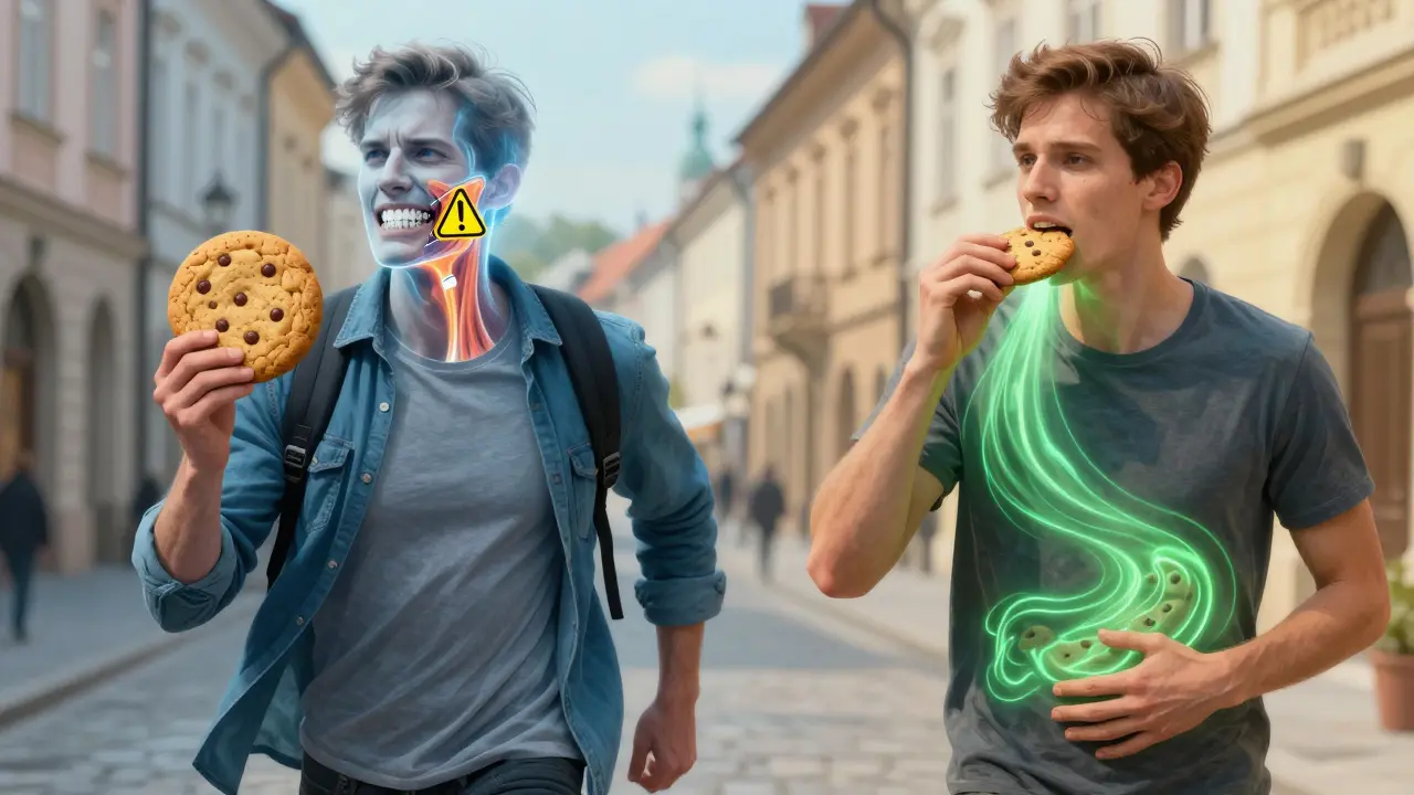 Kontrast mezi špatným a správným předkusováním potraviny v městském prostředí.