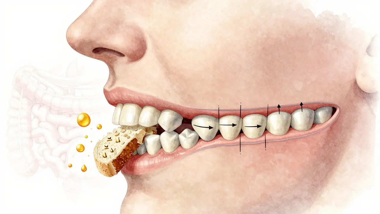 Křížový řez čelisti při předkusnutí chleba s vylučováním slin.