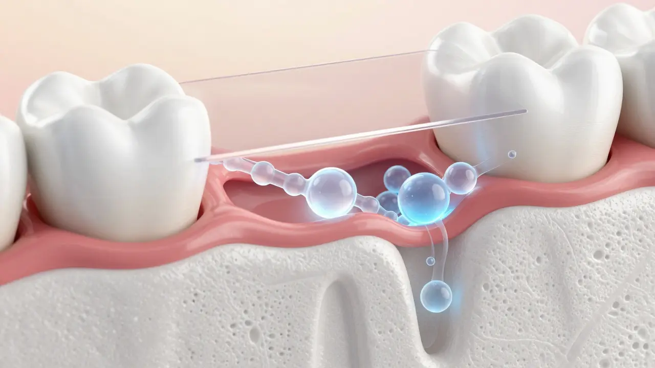 Makrofotografie povrchu zubu s minerálními částicemi uzavírajícími kanálky v dentinu.