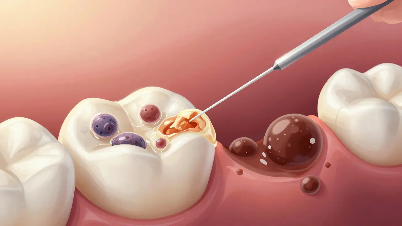 Mikroskopický pohled na plak mezi zuby a zubní nití, která jej odstraňuje.