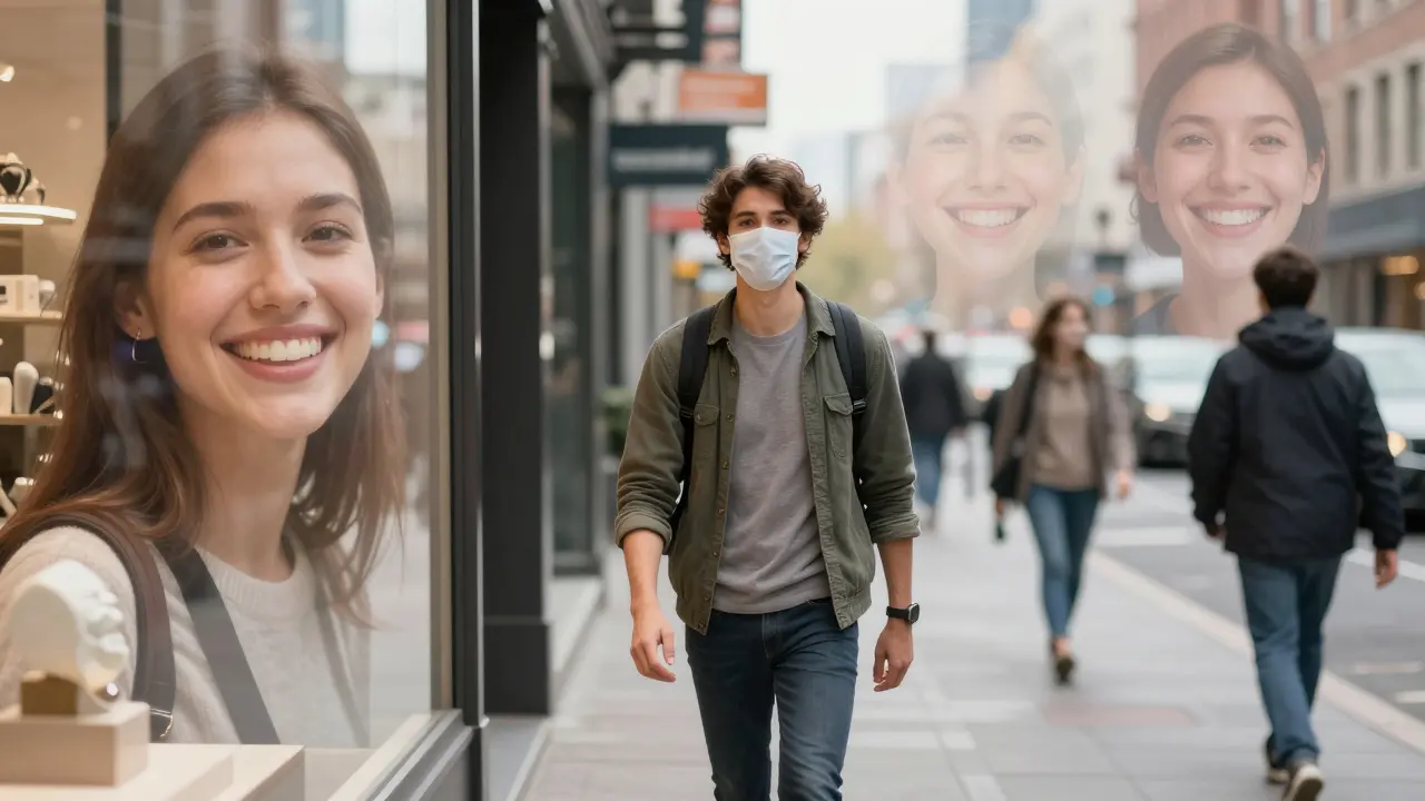 Odrážející se úsměv člověka v obchodním okně symbolizuje obnovu sebevědomí.