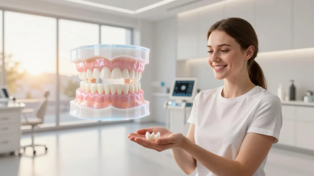 Patient holding a zirconia crown while a glowing 3D tooth model floats behind them in a modern dental clinic.